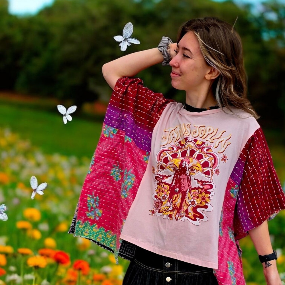 Band shirt of Janis Joplin that is Upcycled with a pink Gap Shirt, size S to 2Xl